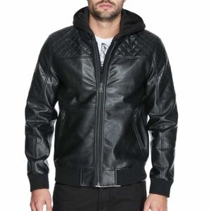 New GUESS Timmy Faux-Leather Hooded Moto Jacket